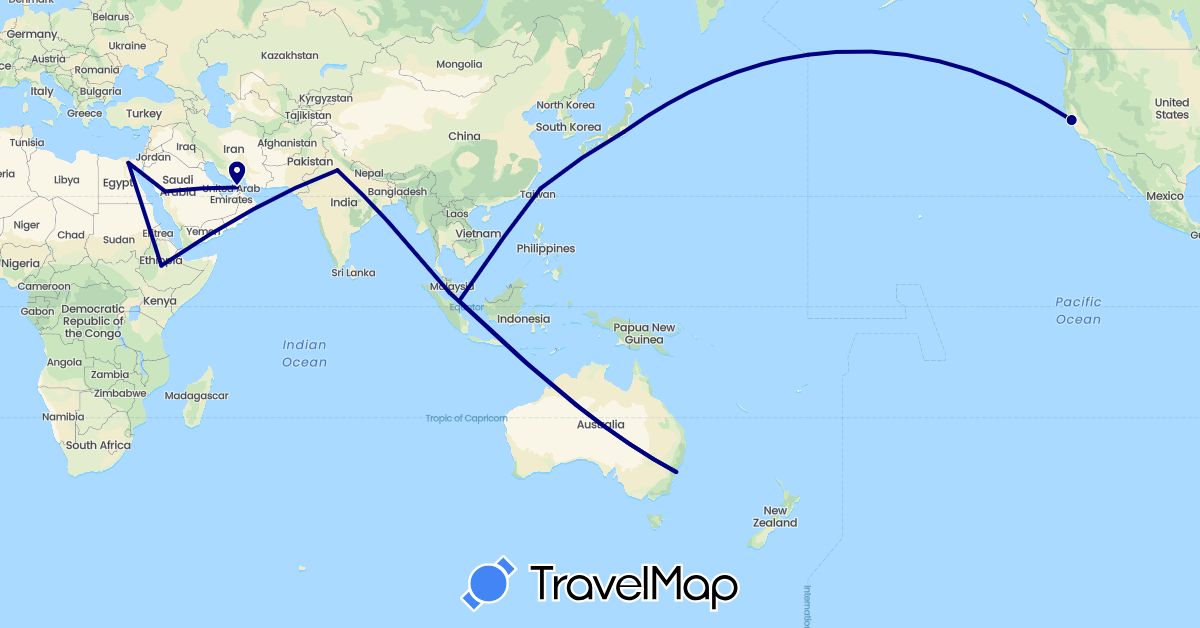 TravelMap itinerary: driving in United Arab Emirates, Australia, Egypt, Ethiopia, India, Japan, Malaysia, Saudi Arabia, Singapore, Taiwan, United States (Africa, Asia, North America, Oceania)